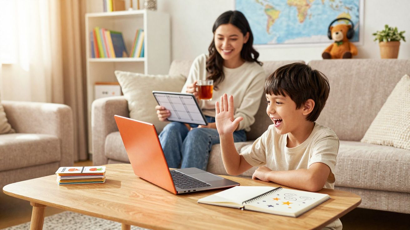 Menino alegre acenando para o computador enquanto mulher sorri ao fundo, sentada no sofá com chá e tablet.