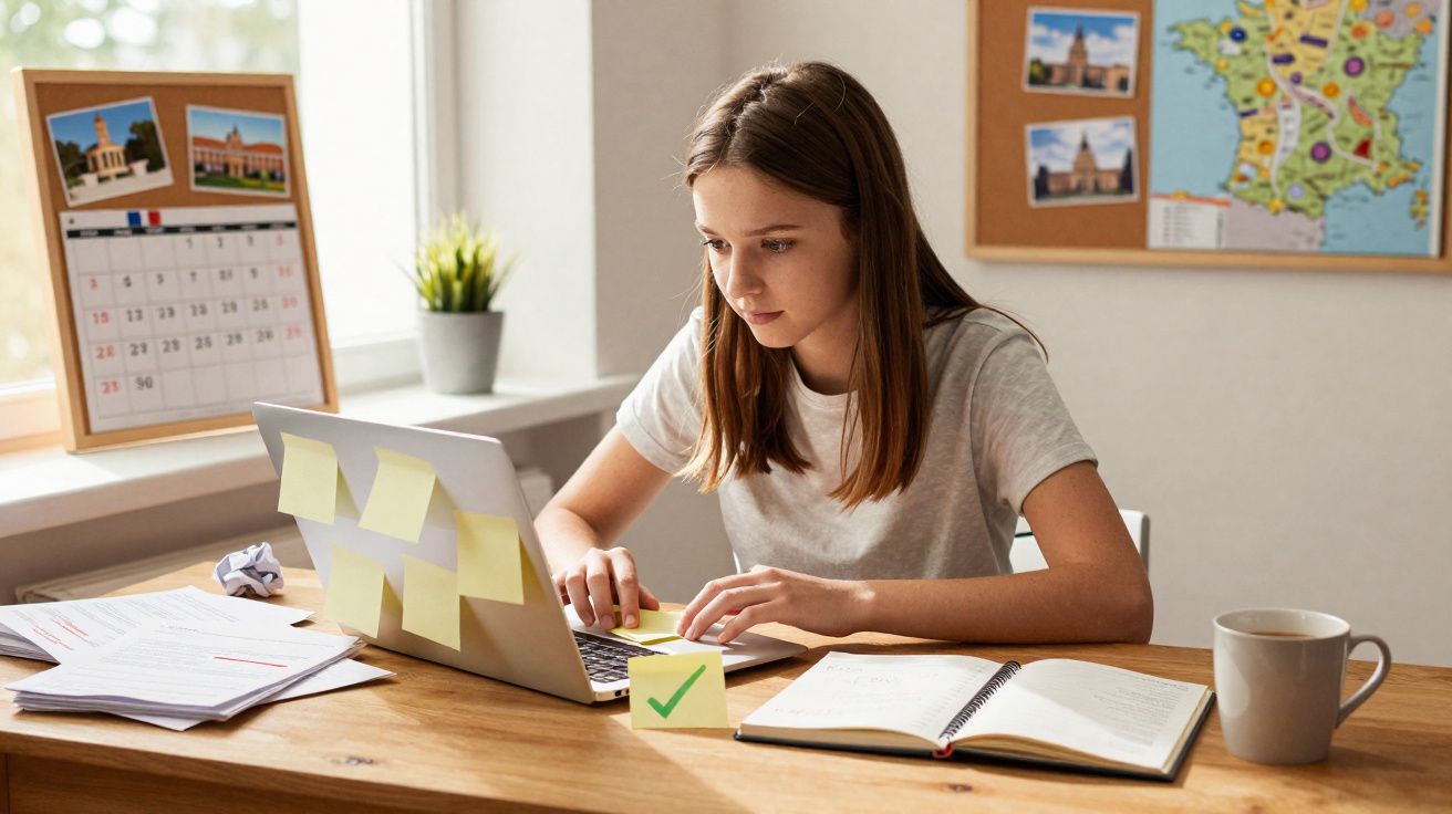 Jovem sentada a estudar com computador, caderno, caneca e notas numa secretária perto de janela iluminada natural.