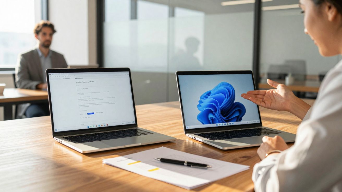 Mesa de escritório com dois computadores portáteis, papéis e duas pessoas em conversa.