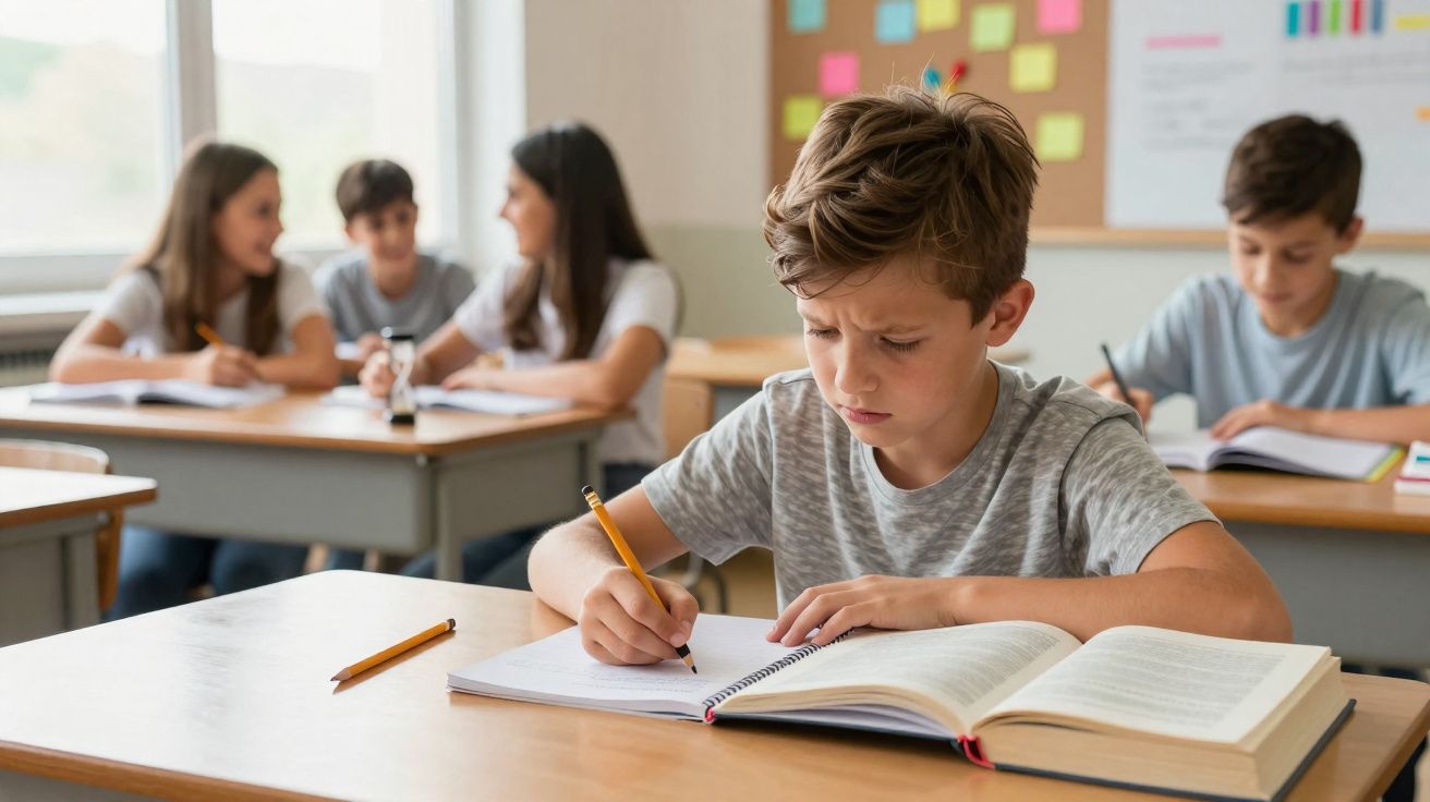 Criança concentrada a escrever num caderno numa sala de aula com outros alunos ao fundo.