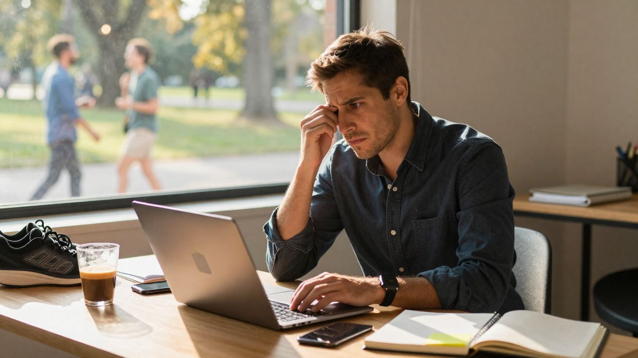 Homem concentrado a trabalhar num computador portátil junto a uma janela com vista para parque exterior.