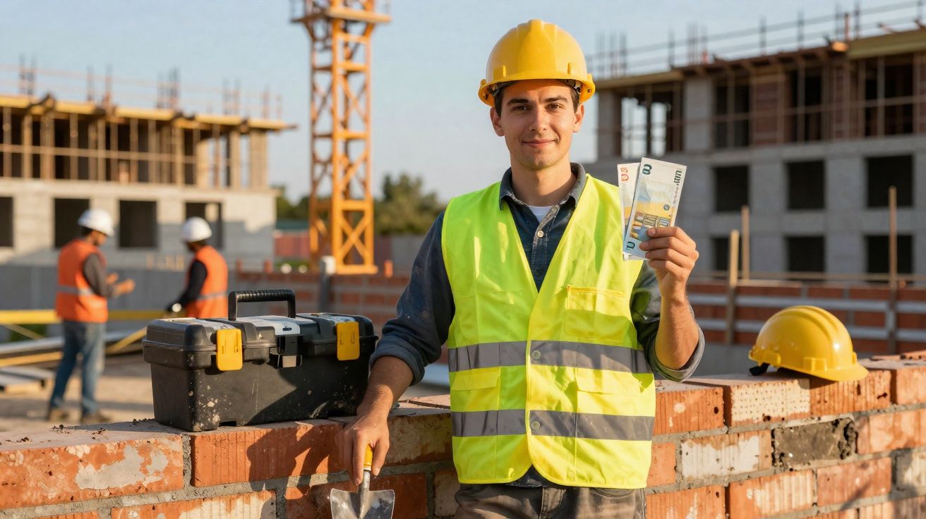 Trabalhador de construção civil com colete refletor e capacete amarelo a segurar notas de euro no canteiro de obras.