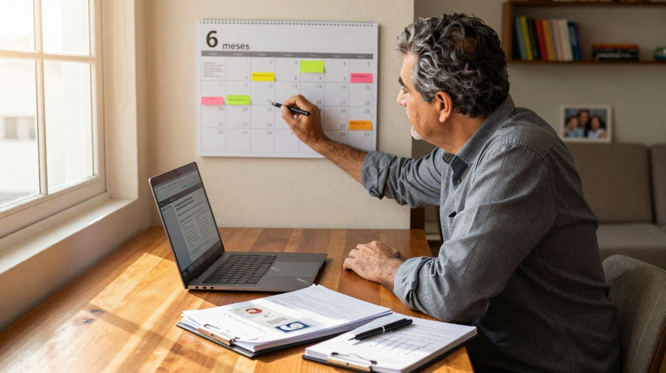 Homem a marcar compromissos num calendário pendurado na parede, com laptop e documentos numa mesa.