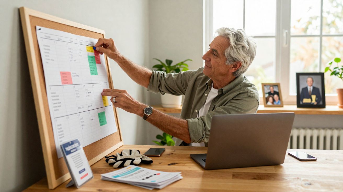 Homem sénior organiza informações com post-its num quadro numa mesa com laptop e documentos.