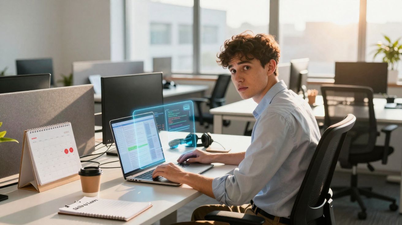Jovem sentado numa secretária a trabalhar num laptop com gráficos digitais numa oficina moderna e iluminada.
