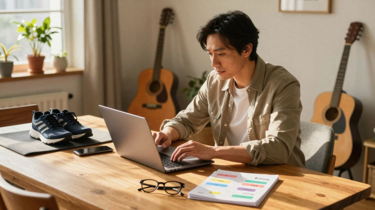 Homem jovem a trabalhar num computador portátil numa mesa com plantas, óculos, sapatos e guitarras ao fundo.