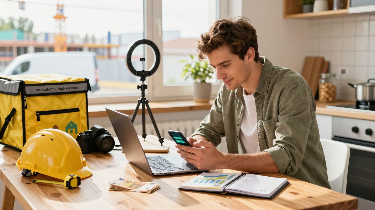 Homem jovem sentado à mesa com computador, smartphone, capacete amarelo e materiais de trabalho à sua frente.