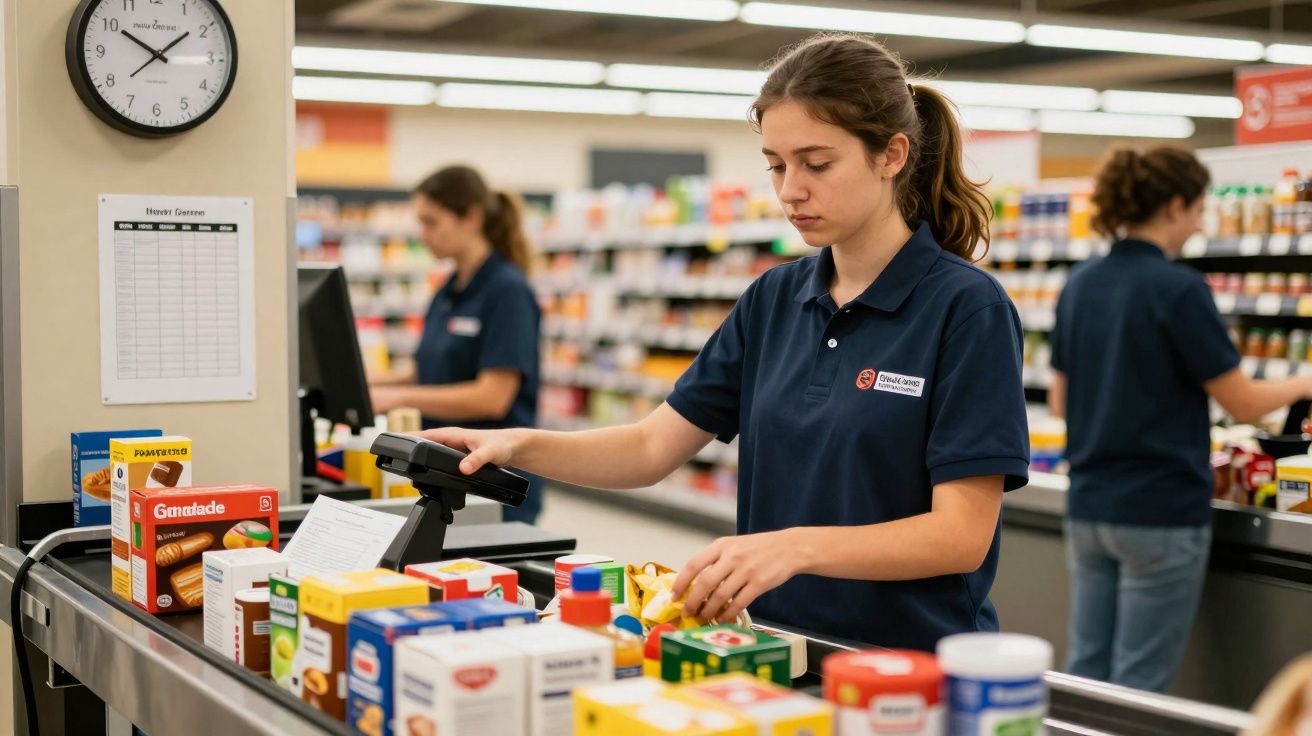 Funcionária de supermercado na caixa a escanear produtos diversos em dia movimentado.