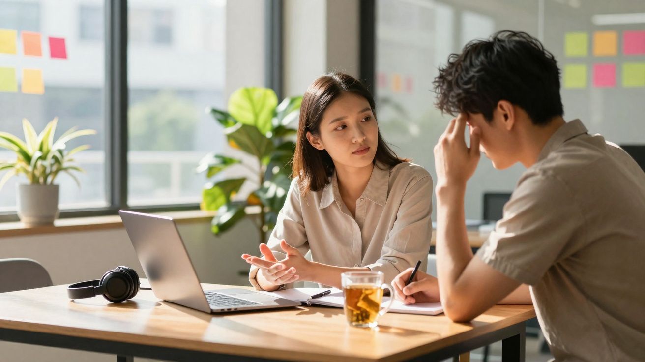 Dois jovens em discussão durante reunião de trabalho num escritório com laptop e notas à mesa.