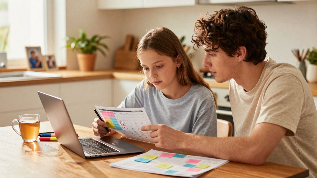 Dois jovens sentados à mesa com laptop e papéis coloridos, a planear e discutir trabalho ou estudos.