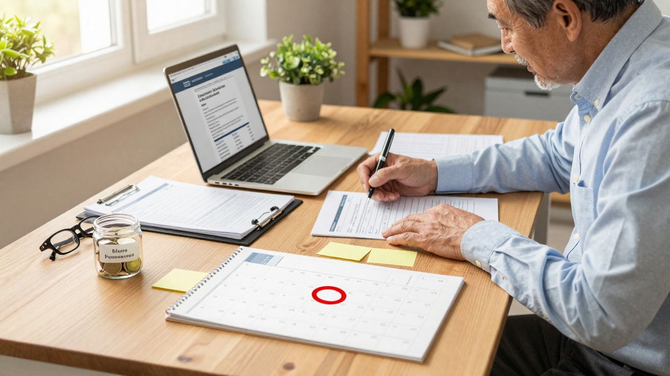 Homem sénior a preencher documentos sentado à mesa com laptop, calendário marcado e frasco de moedas.