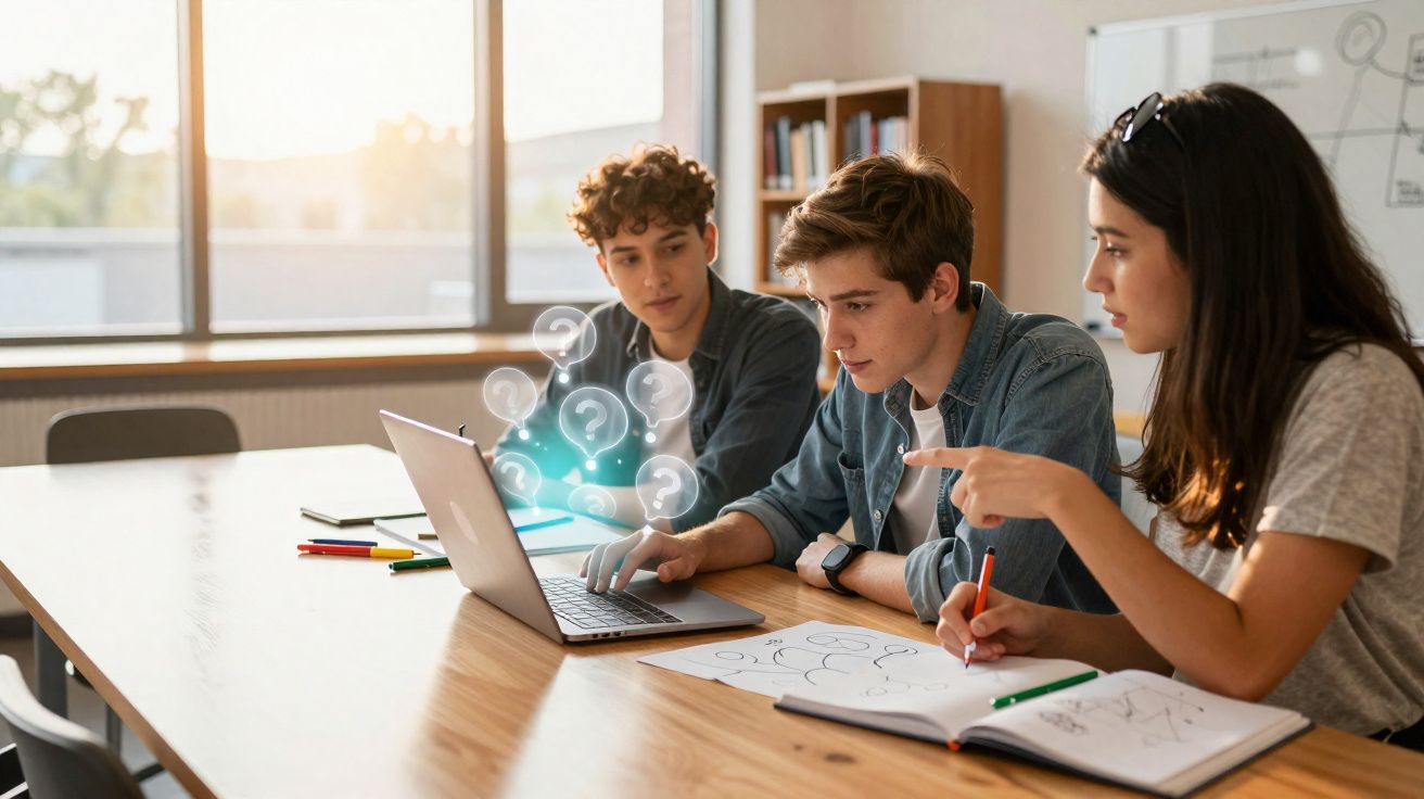 Três jovens sentados à mesa a discutir ideias com computador portátil aberto e desenhos numa folha e caderno.