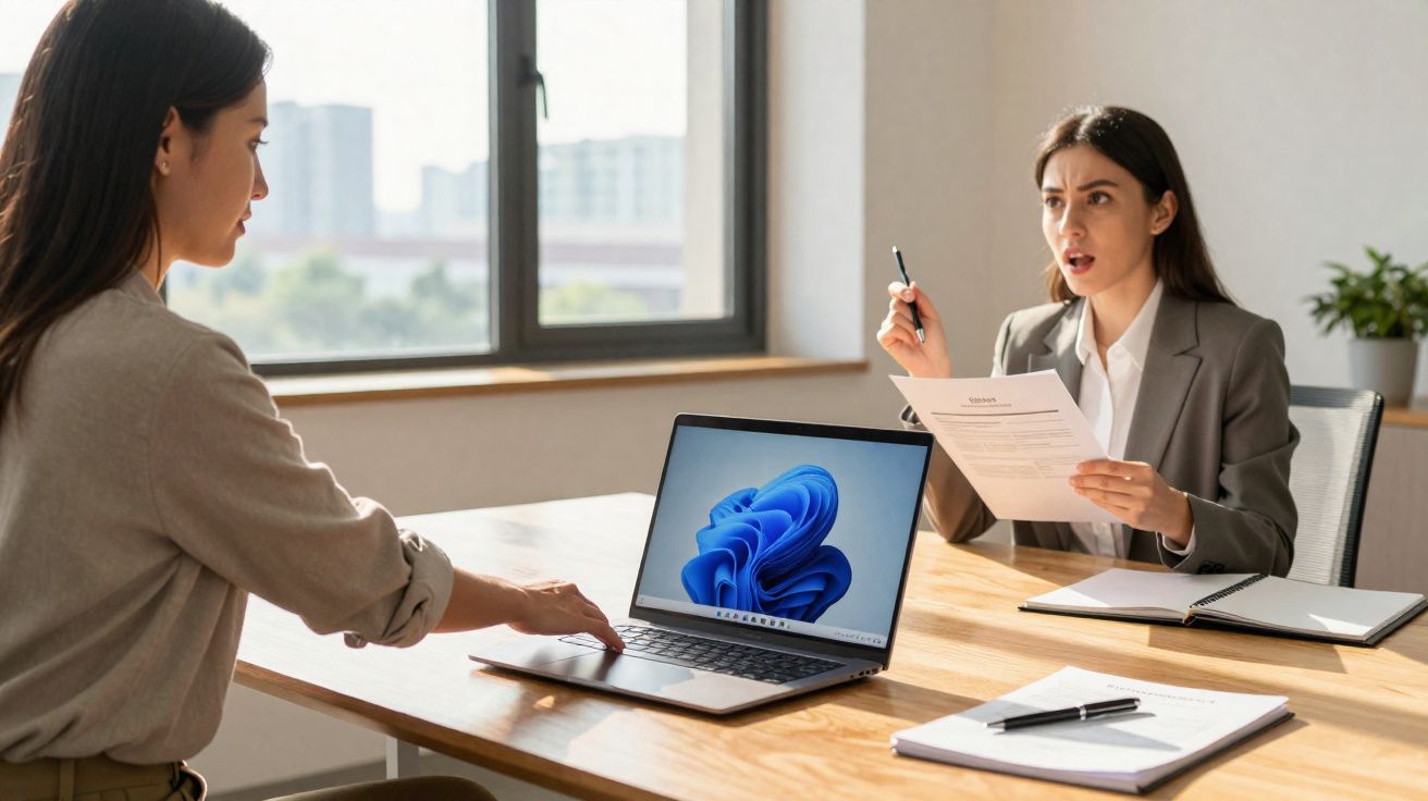 Duas mulheres em escritório, uma a discutir documento enquanto a outra usa computador portátil numa reunião.