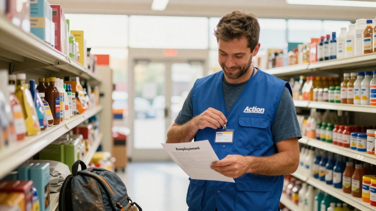Homem com colete azul lê documento dentro de supermercado entre prateleiras de produtos.