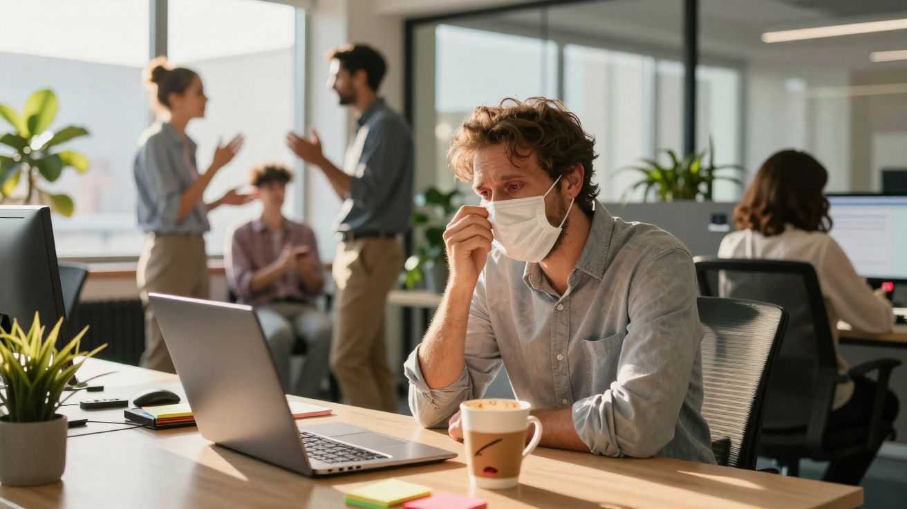 Homem com máscara sentado triste a trabalhar no computador numa sala de escritório com colegas ao fundo.