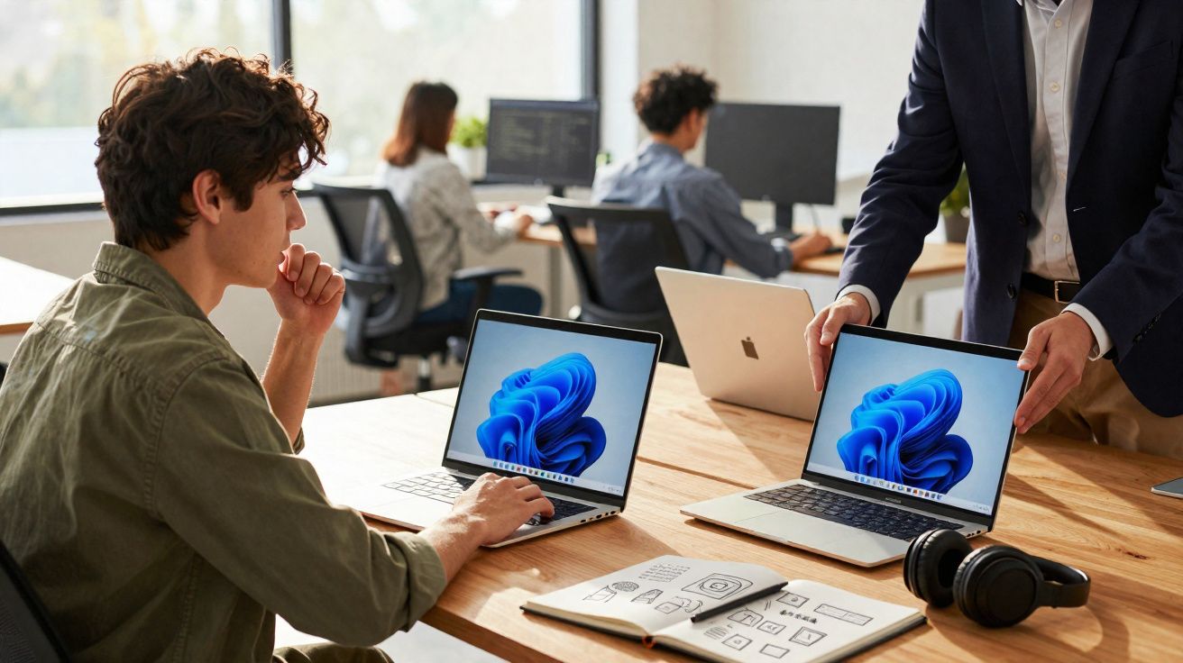 Jovem a trabalhar num portátil com Windows 11, enquanto outra pessoa traz outro portátil na mesma mesa de escritório.