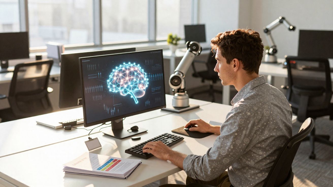 Homem sentado a trabalhar num computador com imagem digital de cérebro numa sala de escritório moderna.