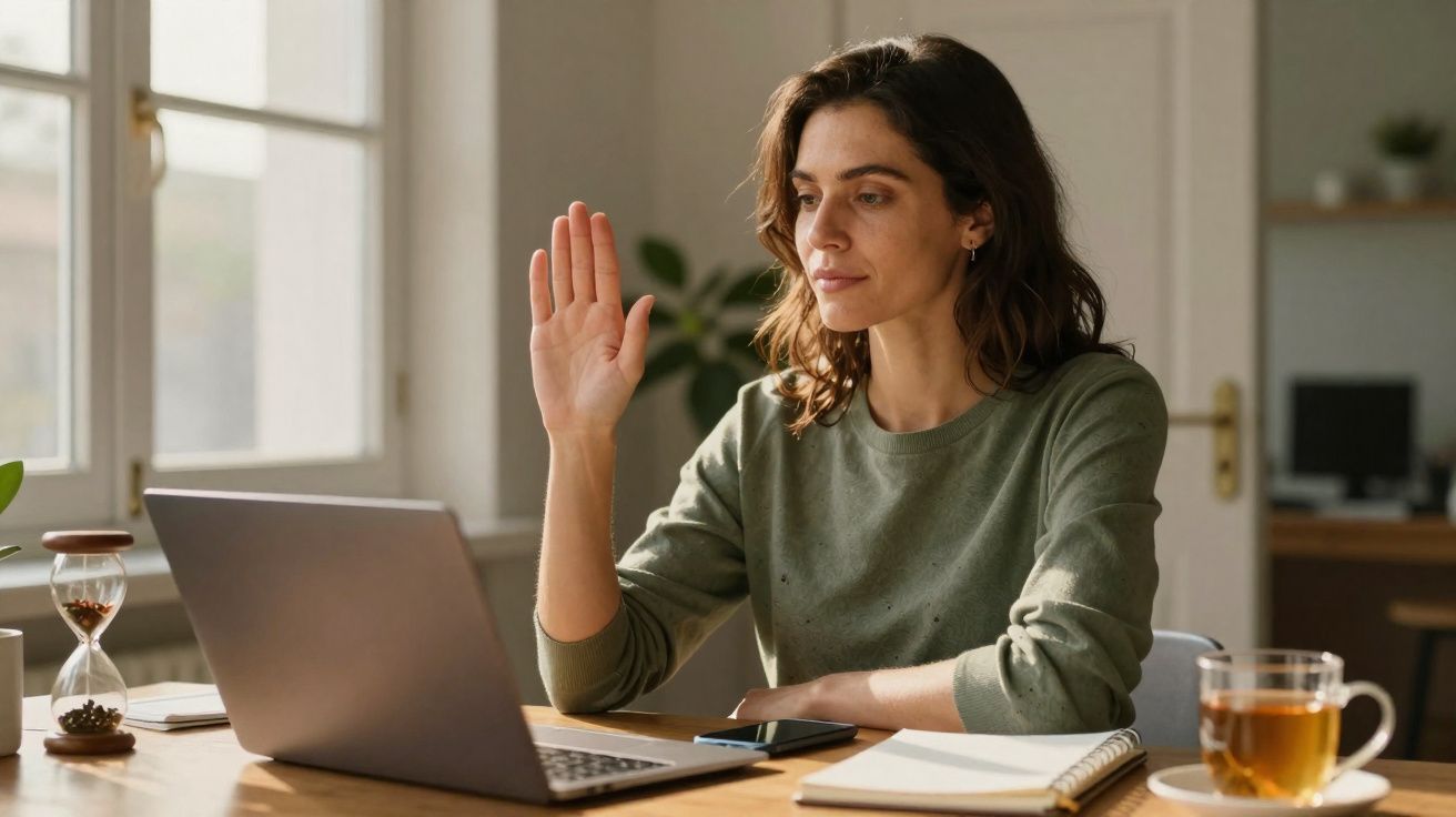 Mulher a participar em videoconferência, sentada à mesa com portátil, caderno e chá, levantando a mão.