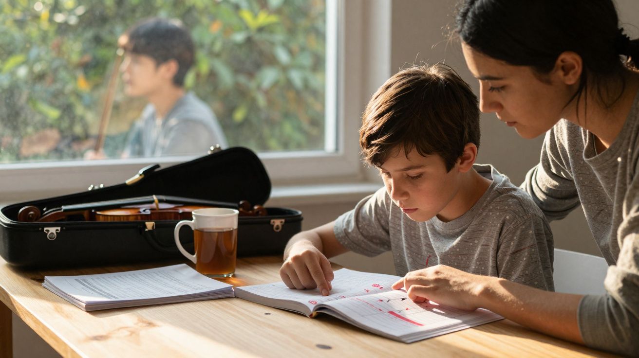 Criança e adulta a estudar música juntos, com violino e chá sobre a mesa perto da janela.