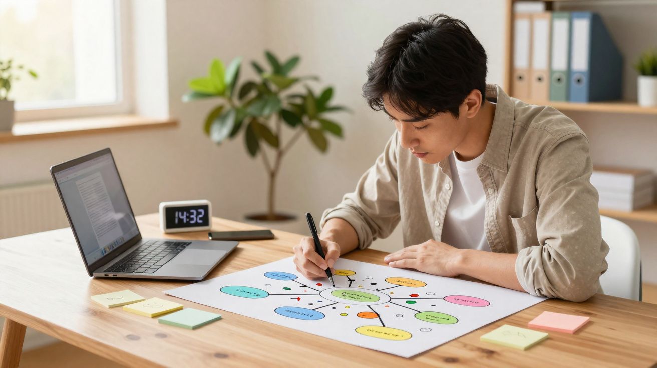 Jovem a fazer mapa mental colorido com caneta, ao computador numa mesa organizada em ambiente luminoso.