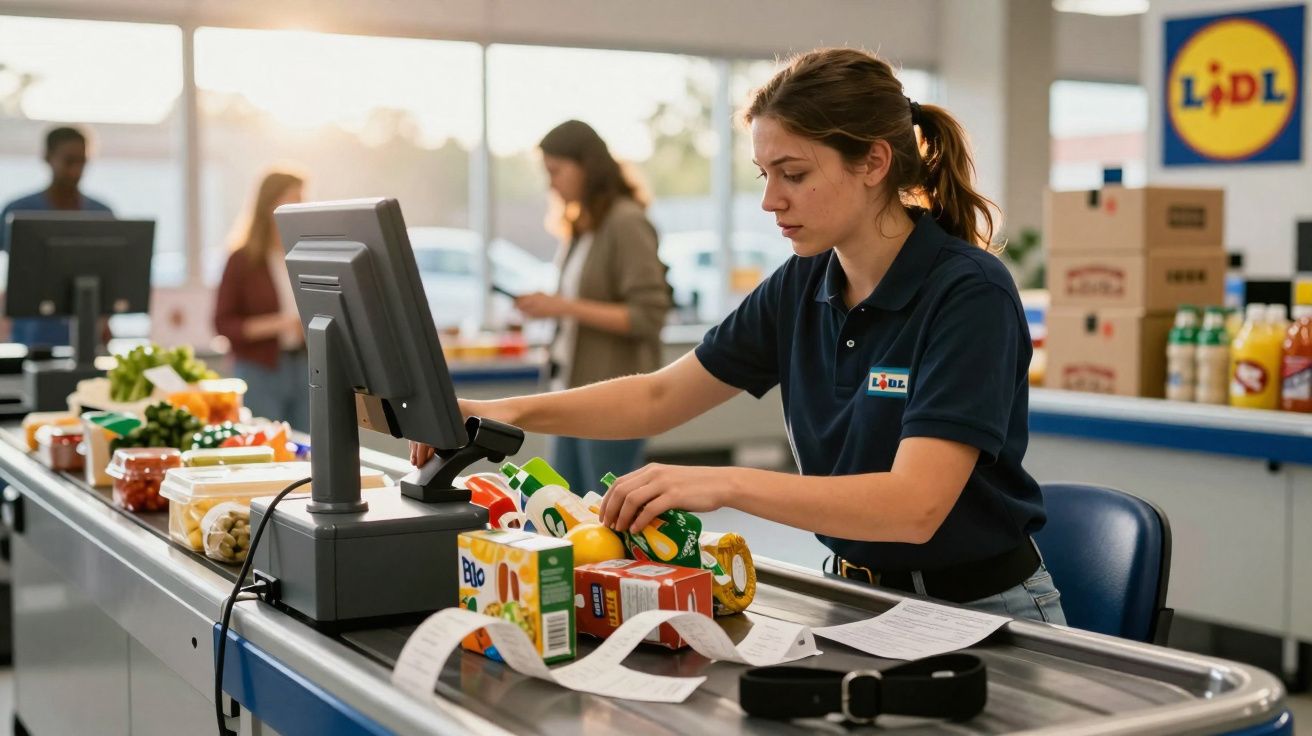 Funcionária do Lidl a passar produtos pela caixa registadora num supermercado.