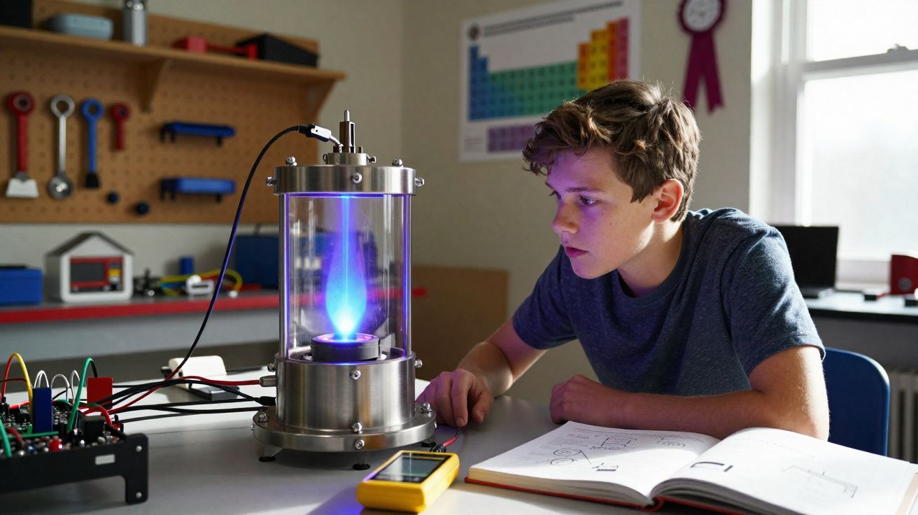 Rapaz a observar chama azul dentro de equipamento cilíndrico enquanto estuda no laboratório.