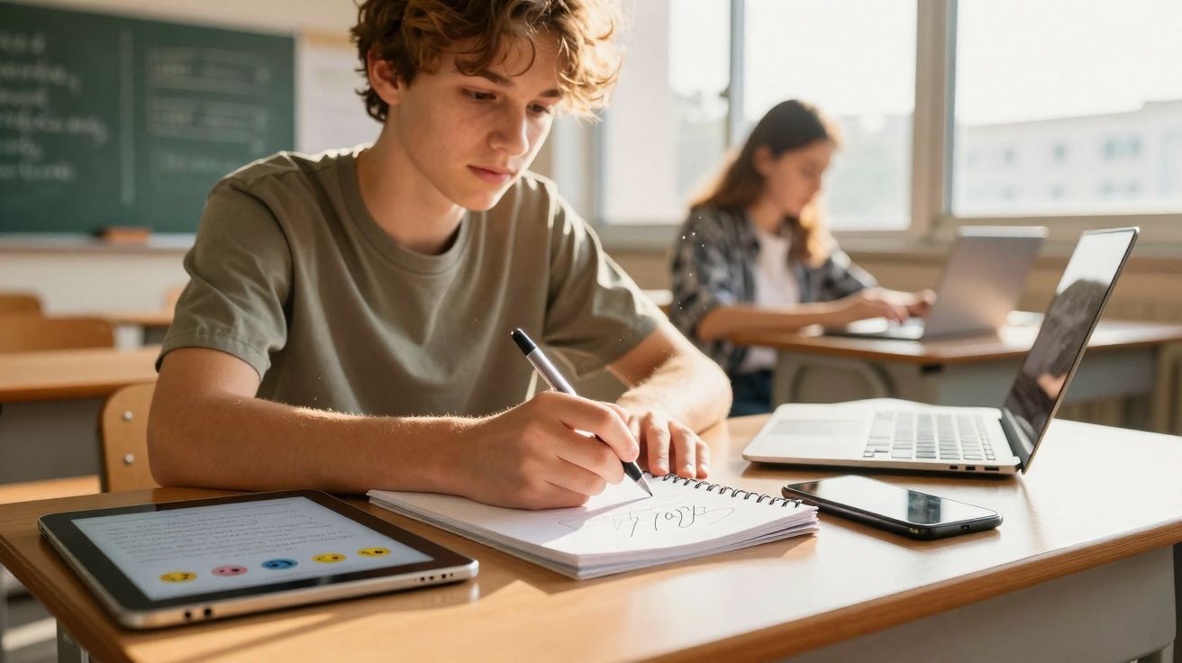 Estudante a escrever numa caderneta, com tablet, telemóvel e computador numa sala de aula iluminada.