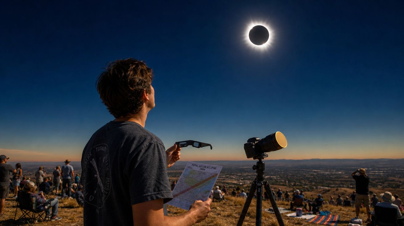 Pessoa observa eclipse solar eclipse total com óculos especiais e câmera em tripé num campo com várias pessoas.
