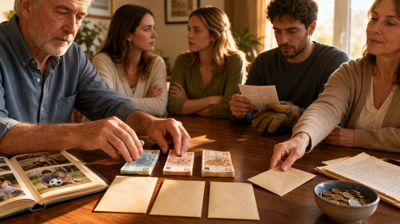 Família sentada em volta da mesa, a organizar dinheiro, envelopes e a discutir assuntos financeiros.