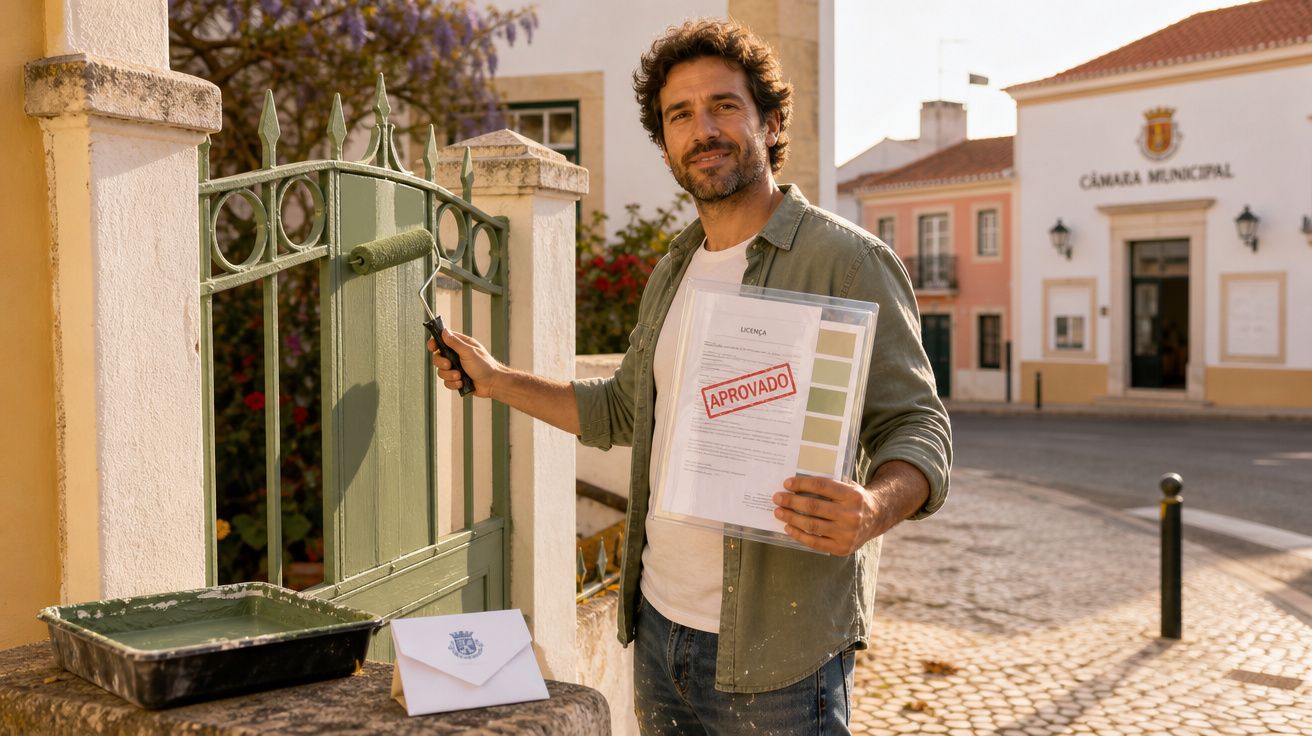 Homem a pintar um portão verde, segurando documento carimbado com "APROVADO" em frente à Câmara Municipal.