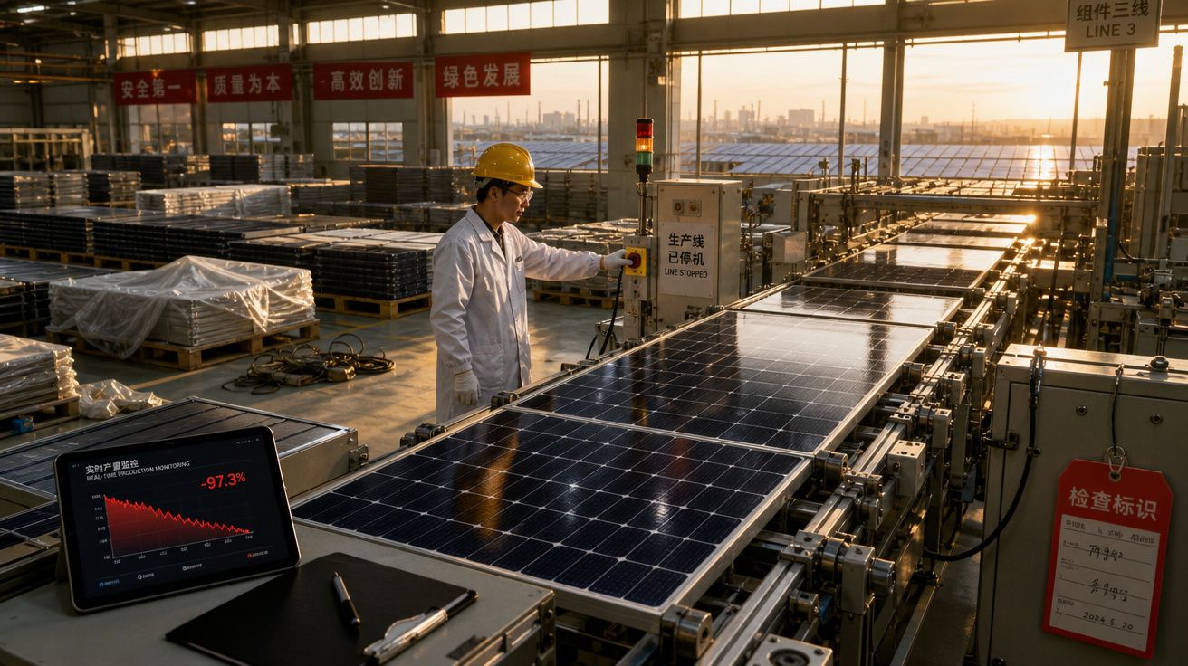Trabalhador com capacete numa fábrica, operando linha de produção de painéis solares ao pôr do sol.