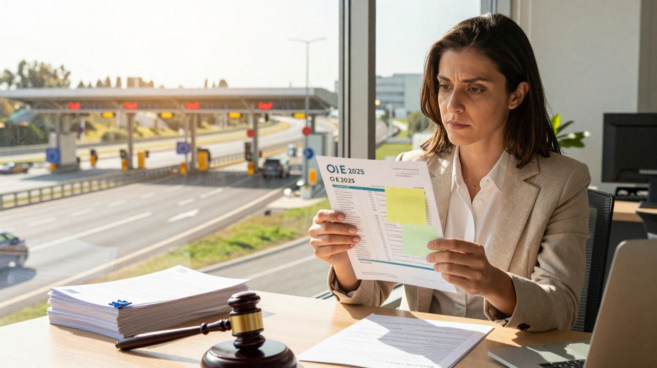 Mulher de negócios a analisar documentos junto a janela com vista para portagem numa autoestrada.