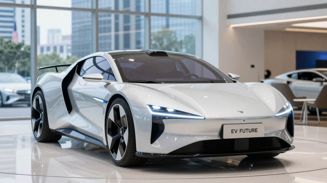 Carro desportivo elétrico branco com design futurista exposto num salão automóvel moderno.