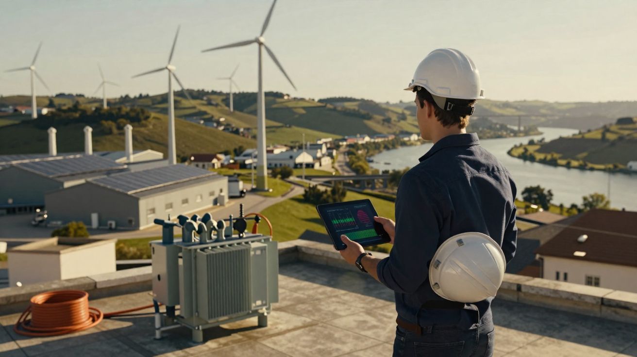 Engenheiro com capacete e tablet avalia instalação de turbinas eólicas numa paisagem rural ao pôr do sol.