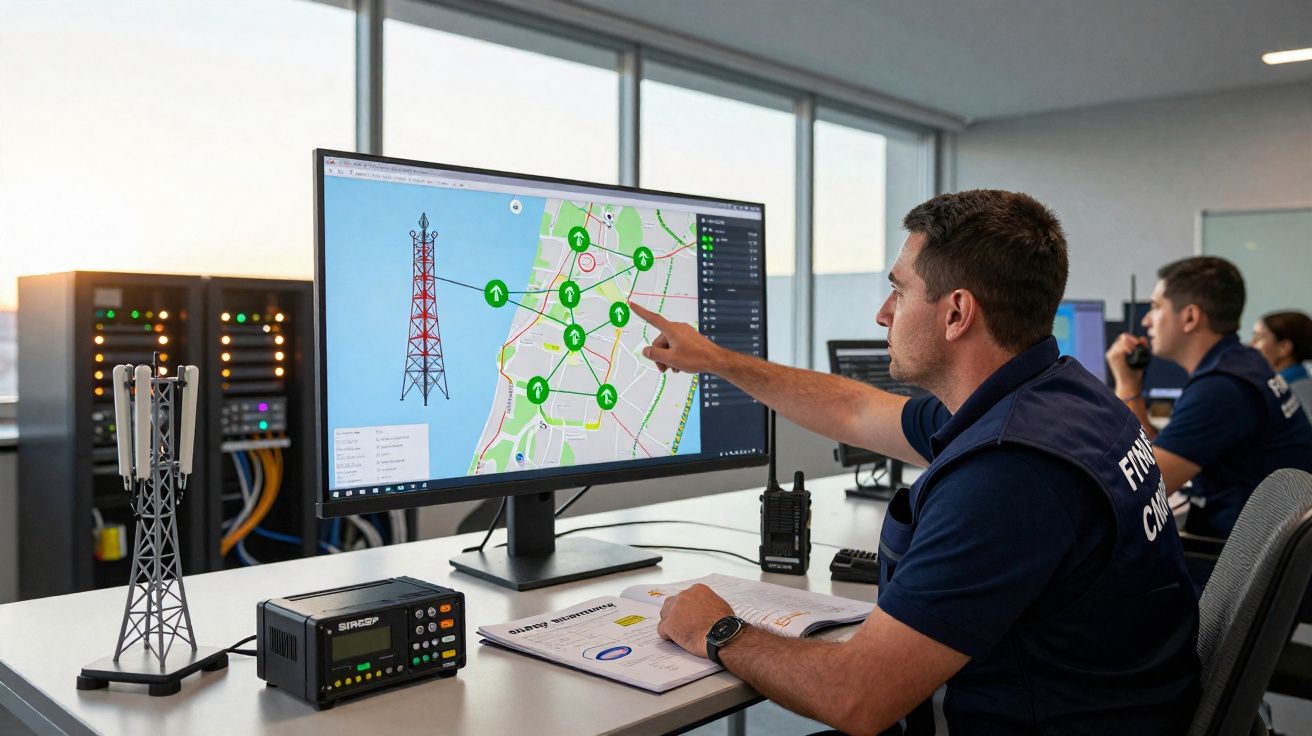 Homem a apontar para um ecrã com mapa de torres de comunicação numa sala de controlo.