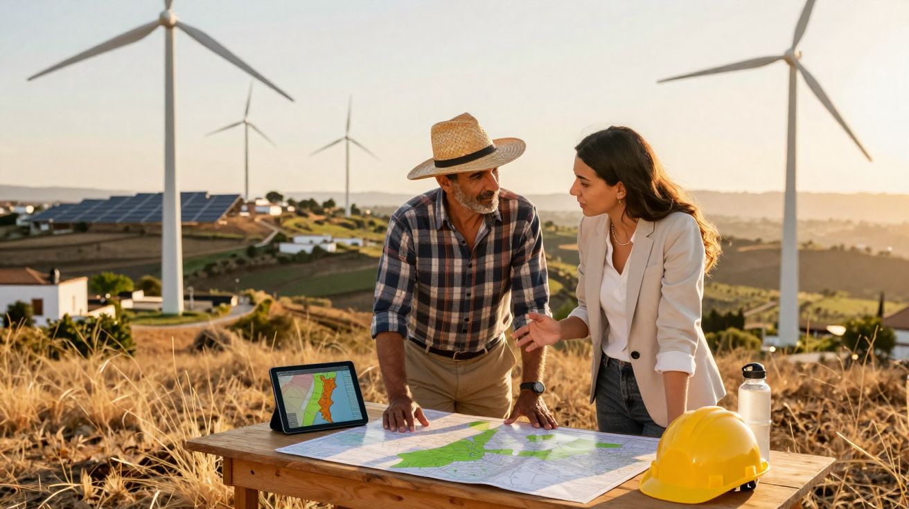 Engenheiros a analisar mapas numa área rural com turbinas eólicas e painéis solares ao fundo ao pôr do sol.