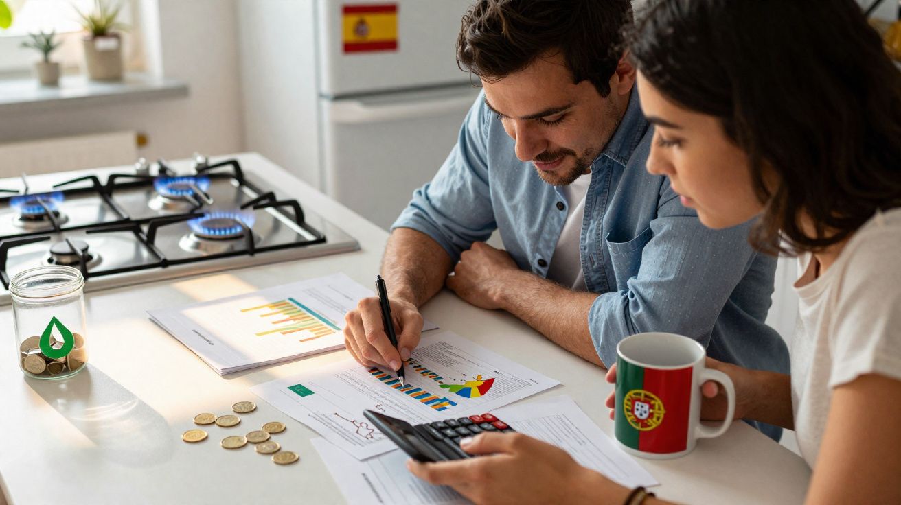 Casal português analisa gráficos financeiros com calculadora e moedas na cozinha.