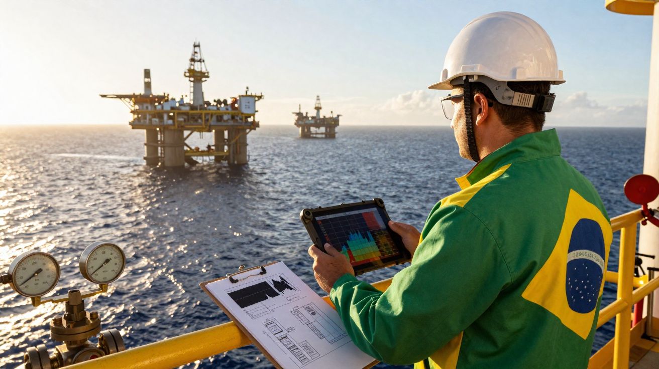 Trabalhador com capacete e fato com bandeira do Brasil analisa dados em plataforma petrolífera no mar ao pôr do sol.