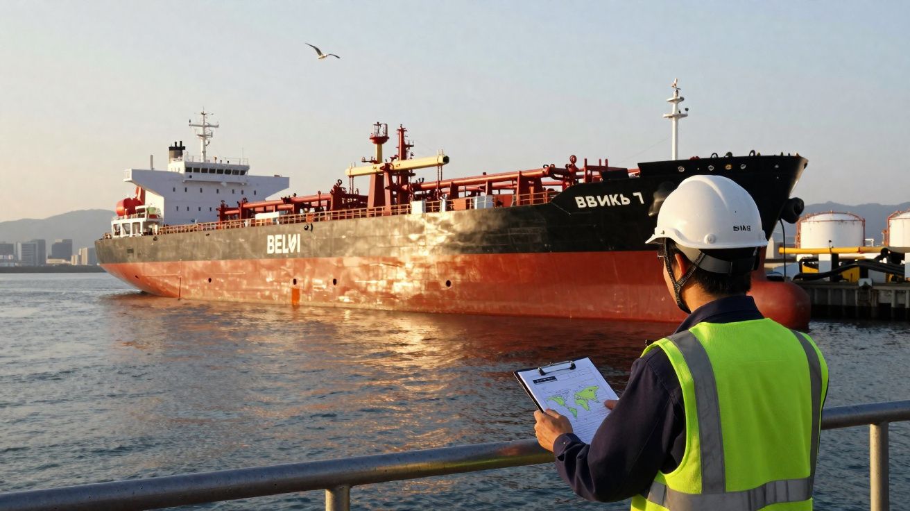 Homem com colete e capacete observa e faz anotações em navio petroleiro atracado no porto ao pôr do sol.