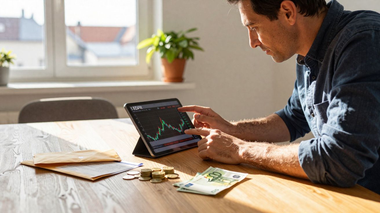 Homem analisa gráficos financeiros num tablet, sentado à mesa com moedas, notas e envelopes.