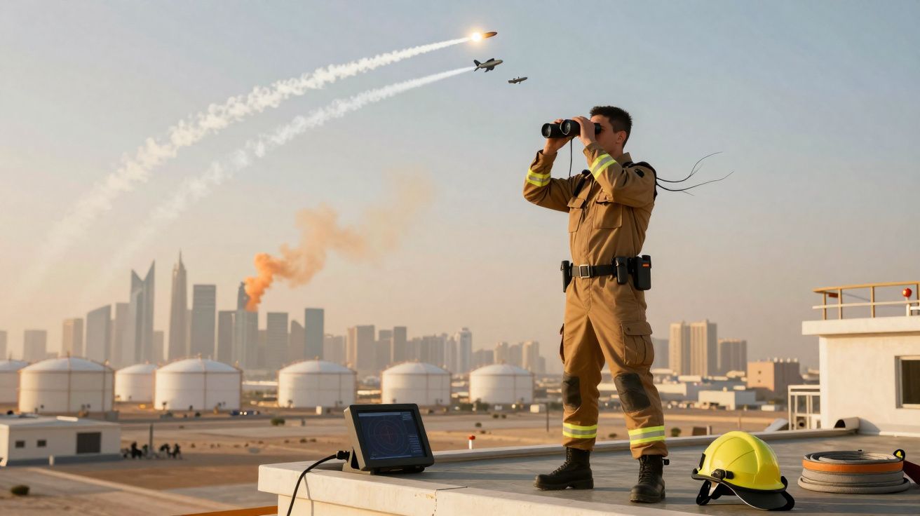 Homem em uniforme observa avião no céu com binóculos, cidade e incêndio ao fundo.