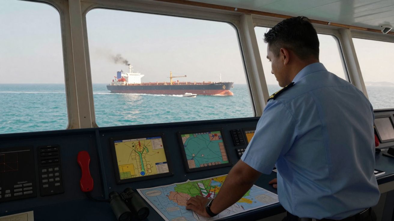 Homem em uniforme de marinheiro planeia rota num navio com outro grande navio visível no mar.
