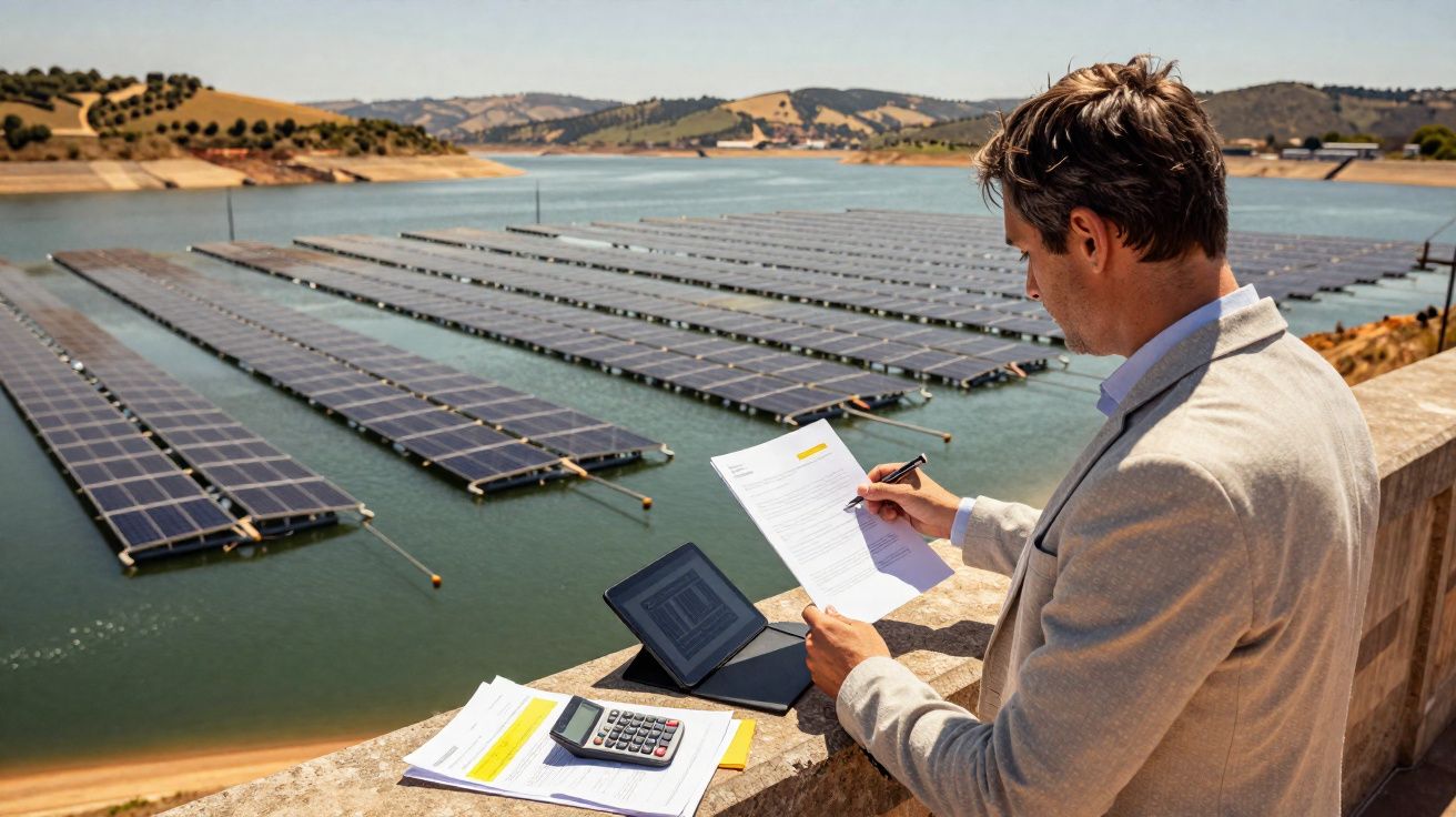 Homem a analisar documentos junto a painéis solares flutuantes num lago, em ambiente rural.