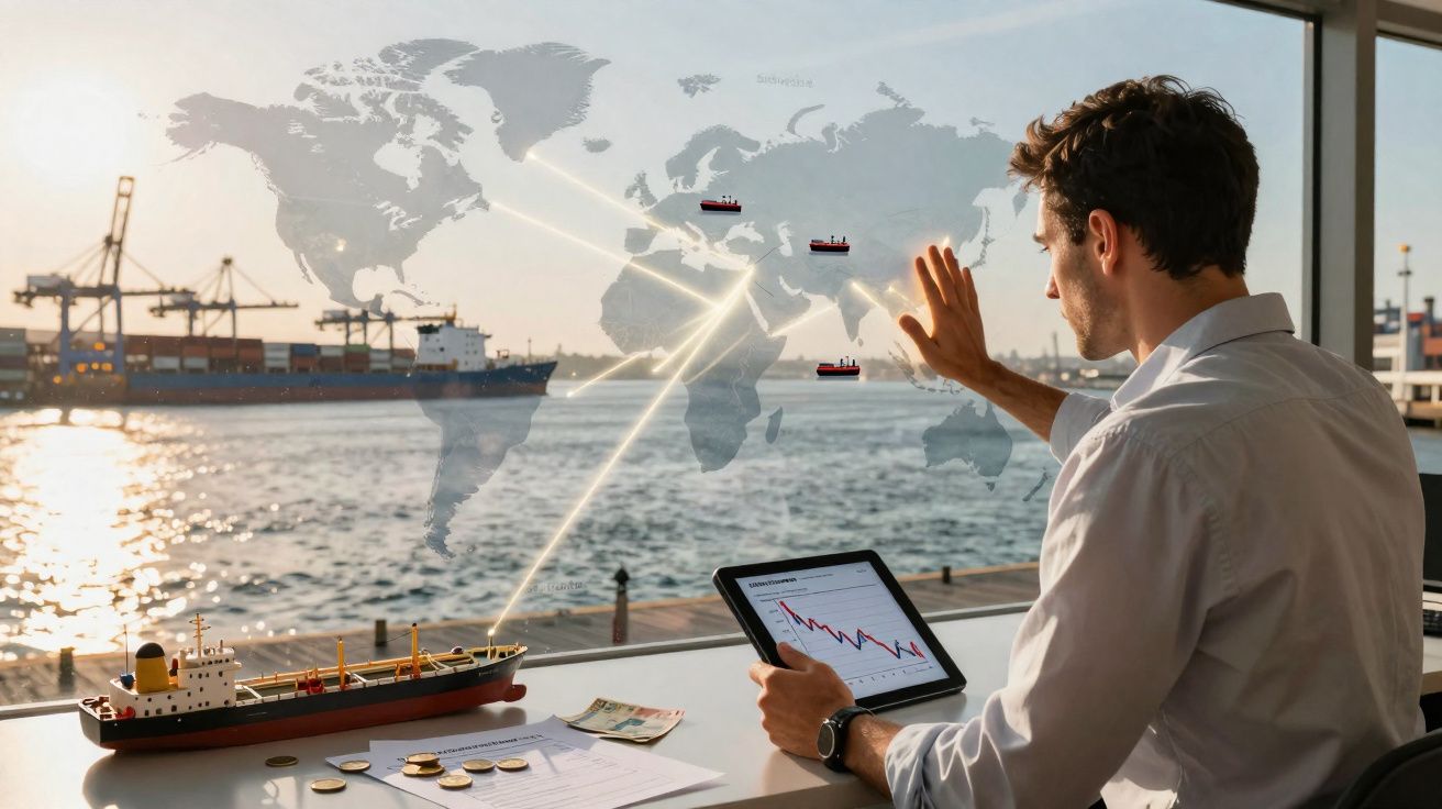 Homem a analisar mapa mundial de rotas marítimas e gráficos económicos num tablet junto ao porto.