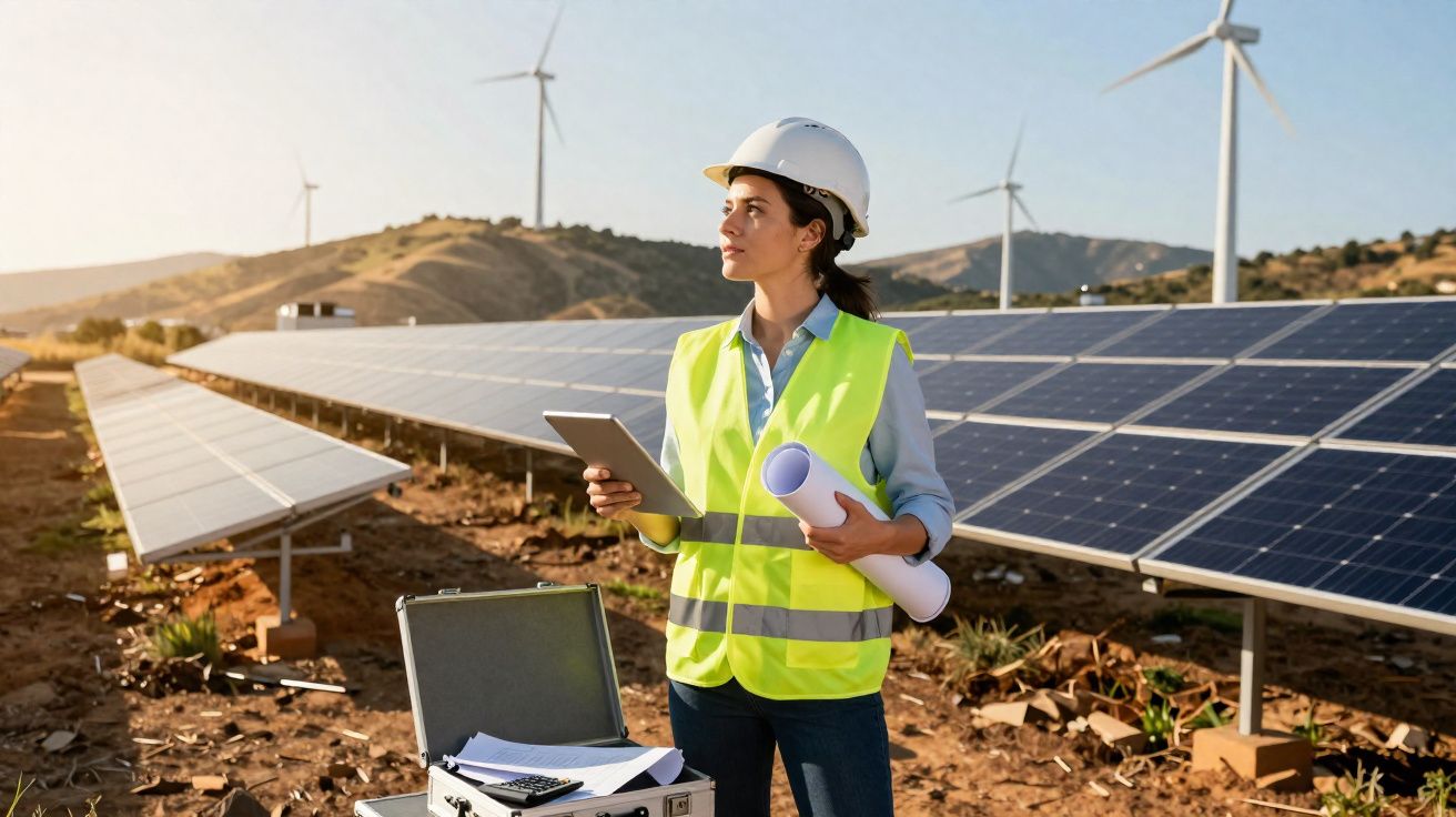 Engenheira com colete e capacete analisa painéis solares e turbinas eólicas num terreno ao pôr do sol.