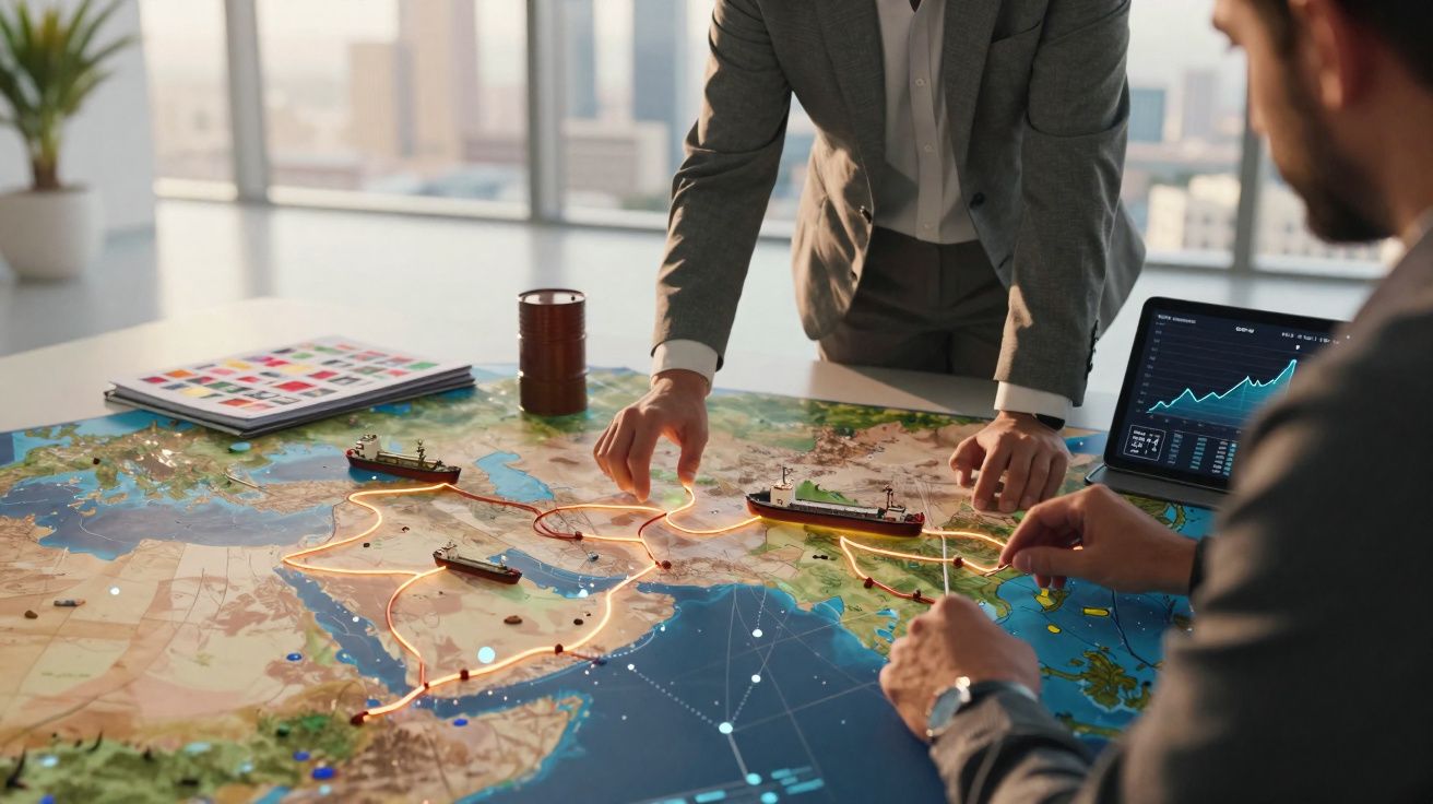 Duas pessoas planeiam rotas marítimas num mapa digital com navios em miniatura e gráficos de dados.