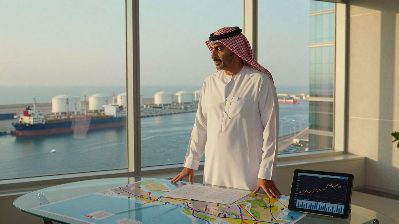 Homem árabe em roupa tradicional observa mapa numa mesa com vista para porto e navios de carga.