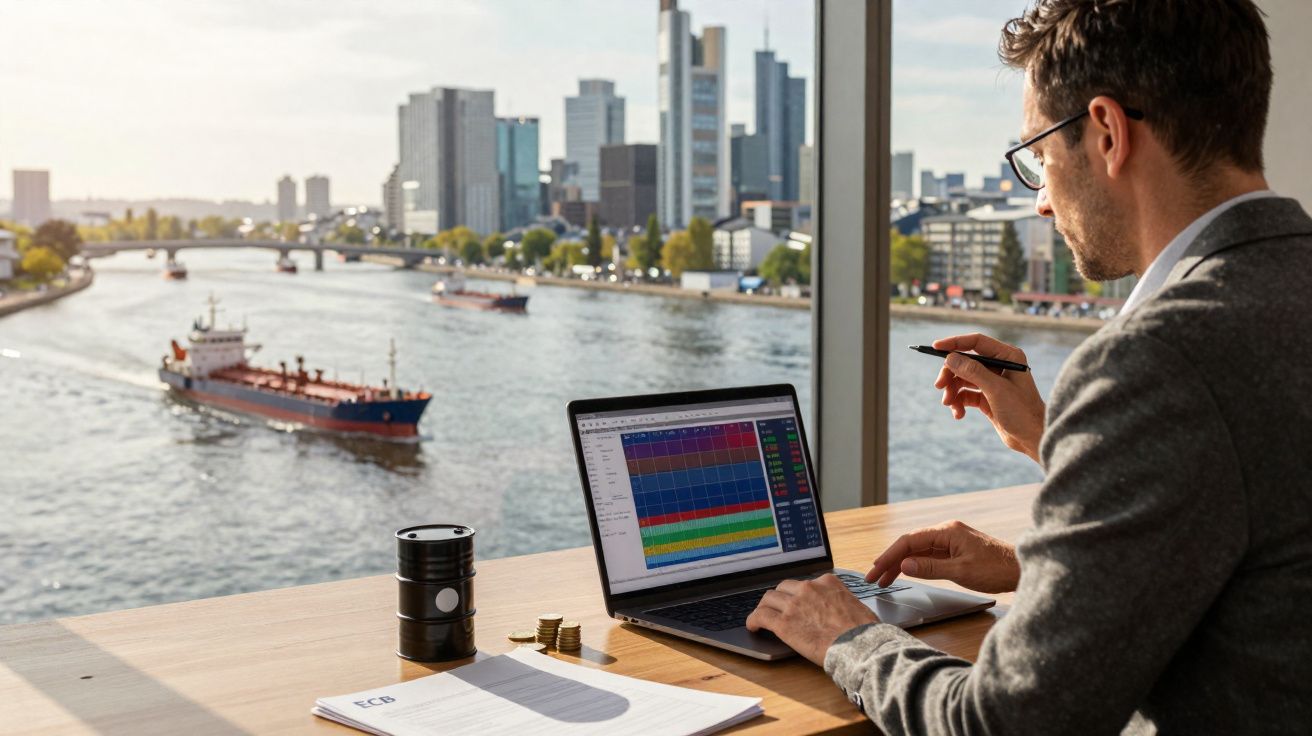 Homem a trabalhar num escritório com vista para o rio e navios, usando portátil e calculadora.