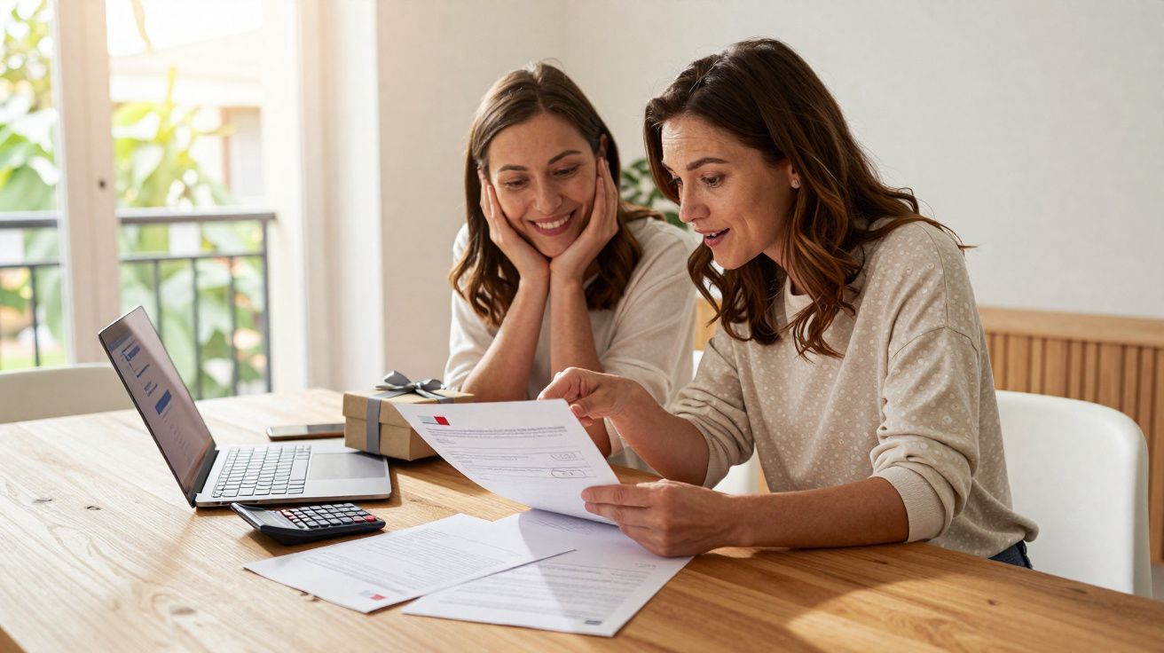Duas mulheres sentadas à mesa a analisar documentos e um computador portátil aberto numa divisão iluminada.