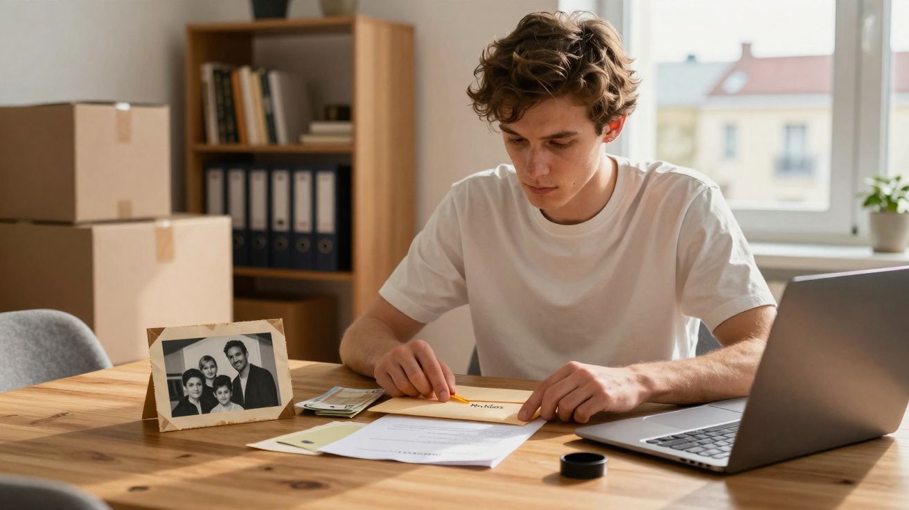 Jovem sentado a uma mesa a abrir um envelope, com documentos, laptop e uma foto de família ao lado.